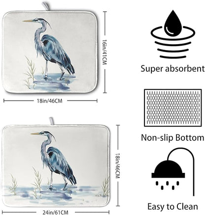 Summer Dish Drying Mat Blue White Heron Beach Absorbent Microfiber Drying Mats for Kitchen Counter Coastal Nautical Birds Dishes Drainer Mat Extra Large 18x24 Inch