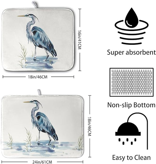 Summer Dish Drying Mat Blue White Heron Beach Absorbent Microfiber Drying Mats for Kitchen Counter Coastal Nautical Birds Dishes Drainer Mat Extra Large 18x24 Inch