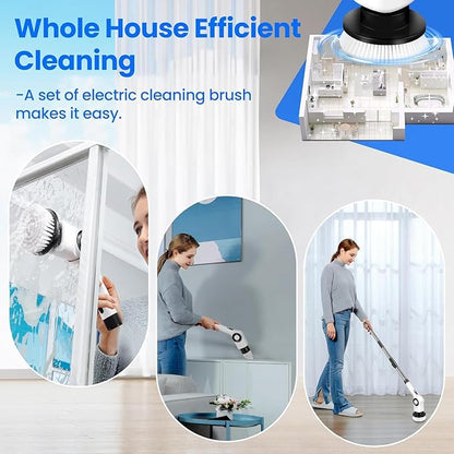 Electric Spin Scrubber, Cordless Power Shower Scrubber with 7 Scrub Brush, 3 Speeds, Adjustable Extension Handle, IPX7 Waterproof Electric Cleaning Brush for Bathroom Tub Tile Kitchen Car- White
