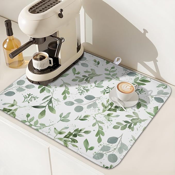 Spring Summer Sage Green Leaves Dish Drying Mat 18 x 24 Inch Spring Eucalyptus Leaf Dish Drainer Rack Mat Absorbent Microfiber for Holiday Kitchen Coffee Dining Bar Decor