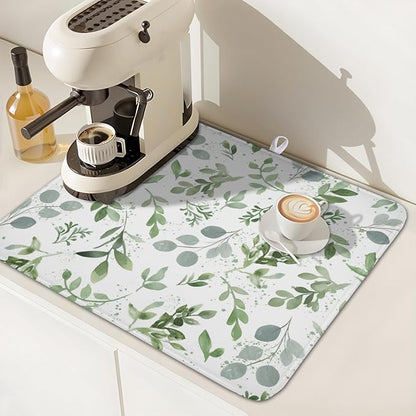 Spring Summer Sage Green Leaves Dish Drying Mat 18 x 24 Inch Spring Eucalyptus Leaf Dish Drainer Rack Mat Absorbent Microfiber for Holiday Kitchen Coffee Dining Bar Decor