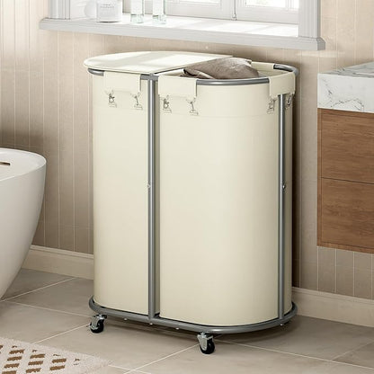 Chrislley 200L Double Laundry Hamper with Wheels and Lid, Large Oval Rolling Laundry Basket 2 section, Laundry Cart with Removable Bags and Iron Frame, Dirty Clothes Hamper for Home, Dorm, Beige