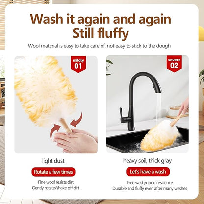 Lambswool Duster for Cleaning with Solid Wooden Handle Leather Hang Strap 19.6 inch Natural Feather Duster for Cleaning Ceiling Fans Window Blinds Computer Furniture(2 Pack)