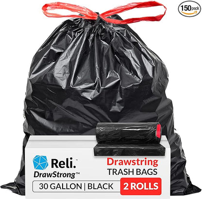Reli. 30 Gallon Trash Bags Drawstring | 150 Count | Black | 30 Gallon Garbage Bags Heavy Duty | Large 30 Gal
