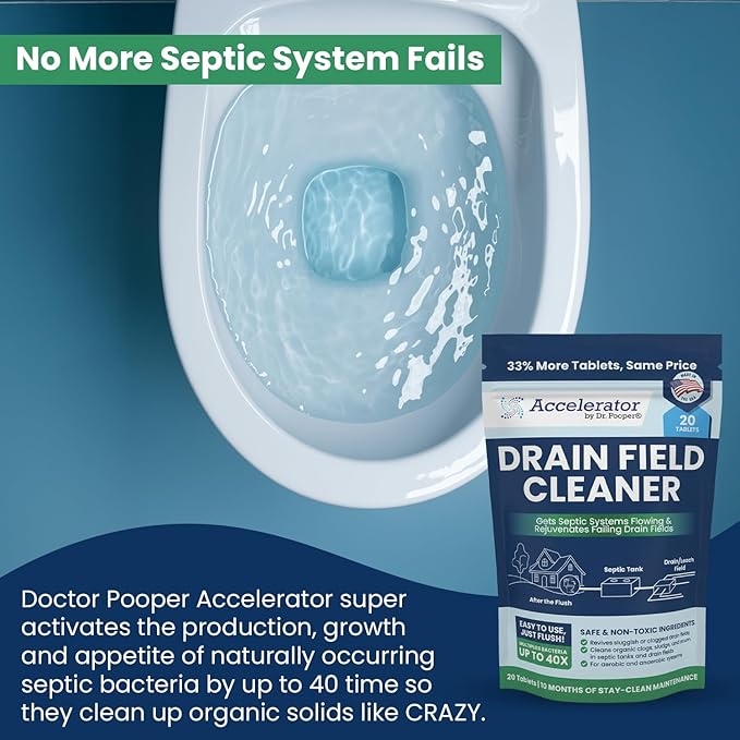 Drain Field Cleaner Tablets (20 Count) - Septic Tank Treatment for Clogs, Odor & Sludge - 90% Less Plastic - 10 Month Supply - Aerobic & Anaerobic Systems - Easy Flush