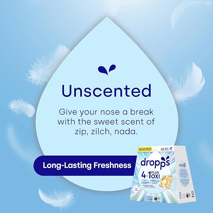 Dropps 4-in-1 Plus Oxi Laundry Detergent Pods, Free & Clear (63 Count) - Unscented Laundry Pods | Odor Defense | Fights Stains | Whitens & Brightens | Clean Ingredients | Plastic Free Packaging