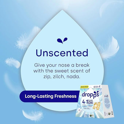 Dropps 4-in-1 Plus Oxi Laundry Detergent Pods, Free & Clear (63 Count) - Unscented Laundry Pods | Odor Defense | Fights Stains | Whitens & Brightens | Clean Ingredients | Plastic Free Packaging