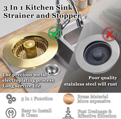 BAOLSLS Kitchen Sink Drain Strainer, 3 in 1 Pop up Kitchen Sink Stopper, with an Extra Basket Strainer, for US Standard 3-1/2 Inch Drain, Copper Material, Brushed Gold