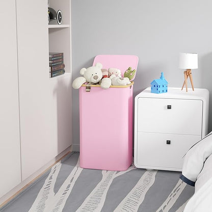 SUOCO Laundry Hamper with Lid, 29 Gal (110L) Clothes Basket with Bamboo Handles, Large Foldable Laundry Hamper for Bedroom, Bathroom, Dorm, Laundry Room - Pink
