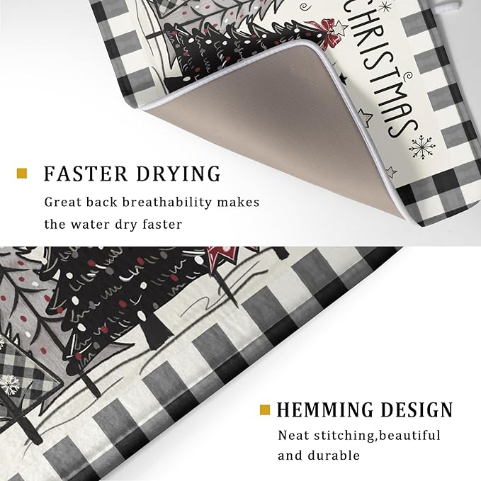 Merry Christmas Tree Dish Drying Mat for Kitchen Counter 18x24 Inch Black Red Grey Xmas Plaid Print Absorbent Reversible Microfiber Drying Mats Kitchen Countertop Protector Dishes Drainer Rack Pad