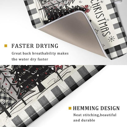 Merry Christmas Tree Dish Drying Mat for Kitchen Counter 18x24 Inch Black Red Grey Xmas Plaid Print Absorbent Reversible Microfiber Drying Mats Kitchen Countertop Protector Dishes Drainer Rack Pad