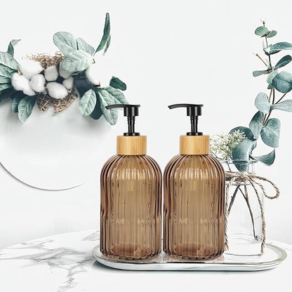 Amber Glass Soap Dispenser with Pump, 2 Pack 13.5oz Vertical Stripe Design Hand Soap Dispenser for Hand Wash, Dish Wash, Elegant Dispenser for Bathroom and Kitchen