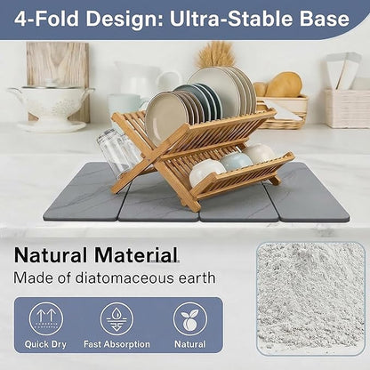 Large 4-Panel Stone Drying Mat for Kitchen Counter, 24"×16" , Foldable Diatomaceous Earth Dish Drying Mat, Quick-Dry ,Premium PU Leather Backing, Non-Slip, Kitchen Essentials