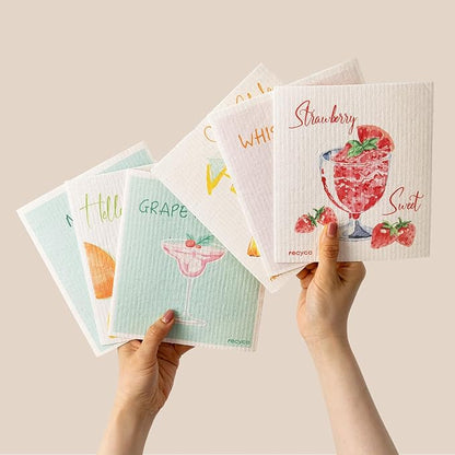 RECYCO Swedish Dishcloths for Kitchen | 6 Pack Cocktails Washable Dish Rags | Cellulose Reusable Cleaning Paper Towels | Absorbent Counter Dish Cloth Sponge Kitchen Wipes, 8" L x 7" W