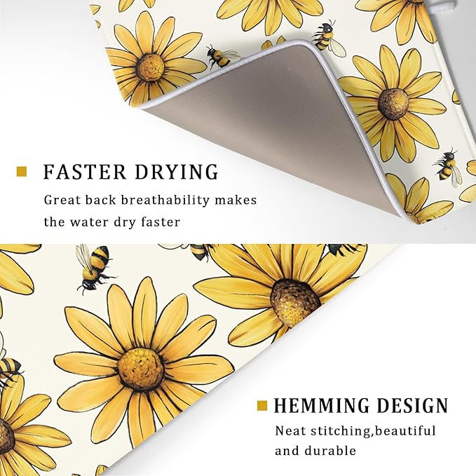 Spring Summer Dish Drying Mat of Kitchen Counter 18×24 Inch Floral Drainer Pad Sunflower Bee Dish Rack Pad Drainer Mat Washable Absorbent Reversible Microfiber for Coffee Bar