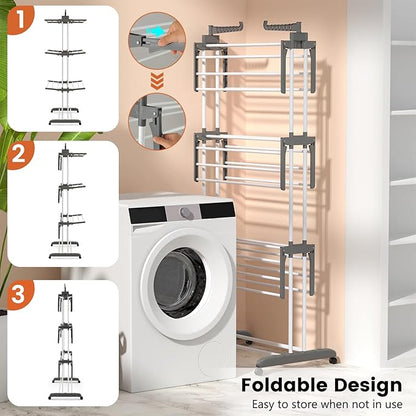 GOFLAME 4-Tier Clothes Drying Rack, Collapsible Clothes Horse Rack with Rotatable Side Wings and Foldable Shelves, Freestanding Garment Dryer Stand with Casters for Indoor and Outdoor Use, Grey
