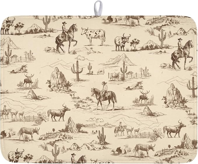 Cowboy Dish Drying Mat 24x18 Inch, West Drying Mat with Absorbent Reversible Microfiber, Cactus Dish Drainer Mats Summer Western Rack Pad for Coffee Countertop Kitchen Protector