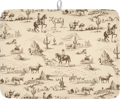 Cowboy Dish Drying Mat 24x18 Inch, West Drying Mat with Absorbent Reversible Microfiber, Cactus Dish Drainer Mats Summer Western Rack Pad for Coffee Countertop Kitchen Protector