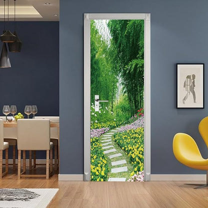 A.Monamour 3D Door Stickers for Interior Doors Garden Scenery with Flowers Trees and Path Nature Scenery Vinyl Waterproof Self Adhesive Door Mural Decals for Bedroom Office Bathroom 85x215cm
