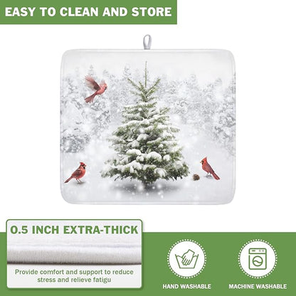 Winter Forest Dish Drying Mat for Kitchen Counter Silvery White Pine Trees Snow Snowflake Drying Mat 16x18 Inch Holiday Absorbent Dish Drainer Mat Kitchen Accessories