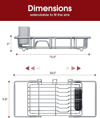 Sakugi Dish Drying Rack in Sink - Expandable Stainless Steel Dish Rack Over the Sink, Kitchen Sink Drain Strainer with Cutlery Holder & Cup Holders, 15.4 x 9.8 x 3.0 Inch, Silver