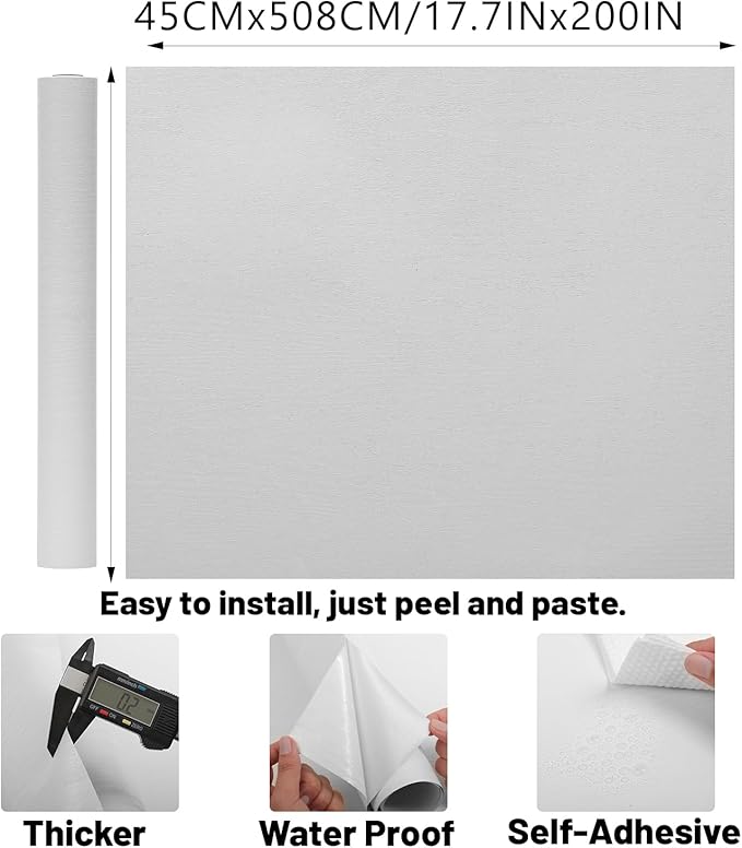 Peel and Stick Wallpaper White Wood Wall Paper - 17.5 x 200 Inch Self Adhesive Wallpaper Peel and Stick, Easy to Paste Wall Contact Paper for Stand Liner, Table and Door Makeover Decor