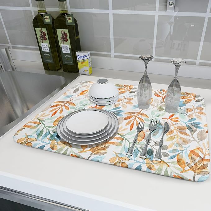 Fall Eucalyptus Leaf Dish Drying Mat 18 x 24 Inch With Absorbent Reversible Microfiber Orange Blue Leaves Autumn Drying Mats Thanksgiving Dish Drainer Mat Fast Dry For Kitchen Dining Room Decoration
