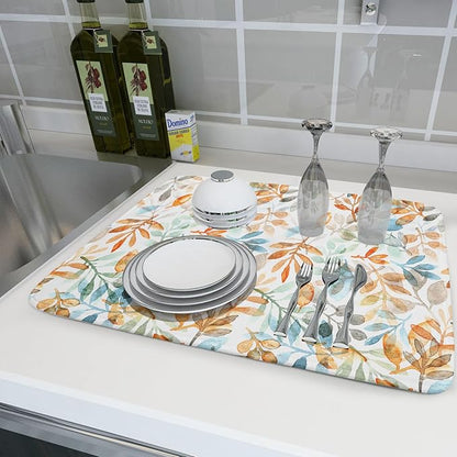 Fall Eucalyptus Leaf Dish Drying Mat 18 x 24 Inch With Absorbent Reversible Microfiber Orange Blue Leaves Autumn Drying Mats Thanksgiving Dish Drainer Mat Fast Dry For Kitchen Dining Room Decoration