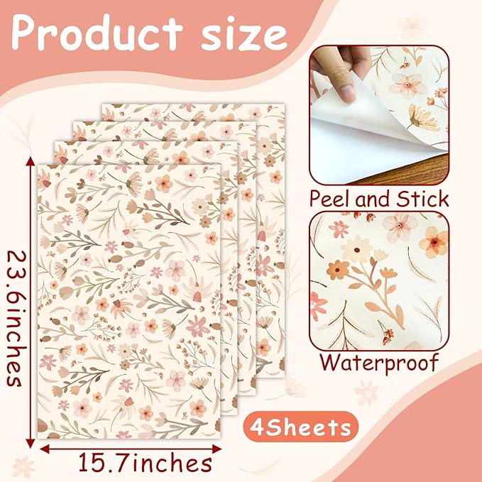 Kazova Boho Wildflower Wallpaper Peel and Stick Floral Contact Paper Waterproof Self Adhesive Vinyl for Bedroom Wall Decor Drawers Cabinet Shelf Liner（4 Sheets）