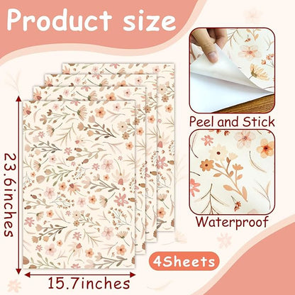 Kazova Boho Wildflower Wallpaper Peel and Stick Floral Contact Paper Waterproof Self Adhesive Vinyl for Bedroom Wall Decor Drawers Cabinet Shelf Liner（4 Sheets）