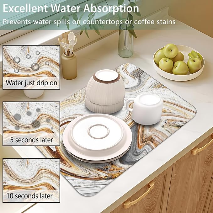 Dish Drying Mat for Kitchen Counter 2 Pack with Non-Slip Rubber Backing - Heat-Resistant Absorbent Coffee Bar Mat, Dish Rack Mat, Marble Texture Dish Drying Mats 18x24+19.5x12 inch