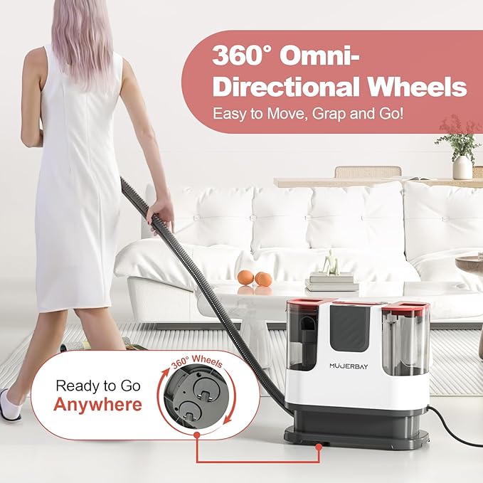 Upholstery Carpet Cleaner, MUJERBAY 12Kpa Portable Spot & Stain Cleaner Shampooer, Move with Universal Wheels & Handle, 1.18-inch Deep Cleaning Machine for Couch, Stairs, Car & Messes.White.