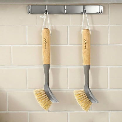 JOQINEER 2 Pack Kitchen Dish Brushes with Bamboo Handle, Dish Scrubber Built-in Scraper, Scrub Brush for Pans, Pots, Counter & Kitchen Sink Cleaning, Dishwashing and Cleaning Brush Tools