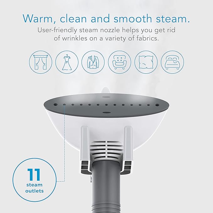 Steamfast SF-407 Canister Fabric Steamer, With Telescopic Pole and Fabric Brush, 45 Second Heat Up Time, Chemical-Free Steam, Clothes Hook, Fabric Brush, 40-Ounce Water Tank, White