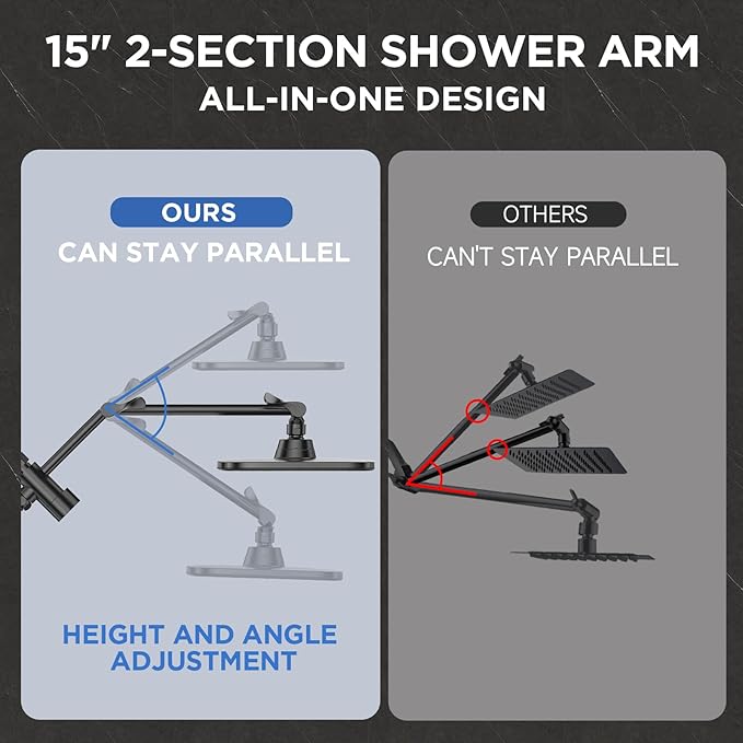 Veken Wide High Pressure Rain Shower Head with Handheld, Handheld Shower Heads with Multi Spray Modes, Rainfall Combo with 15" Metal Extension Arm, Detachable Dual Shower, 1.8GPM, Matte Black