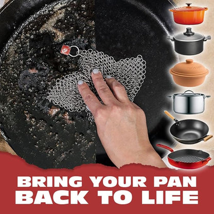 Knapp Made CM Scrubber 9"x6" Small Ring Cast Iron Scrubber - Cast Iron Cleaner for Hard Anodized Cookware, Pre-Seasoned Pans, Dutch Ovens, Iron Pans, Grills and Skillet. Chain Mail Scrubber Cast Iron