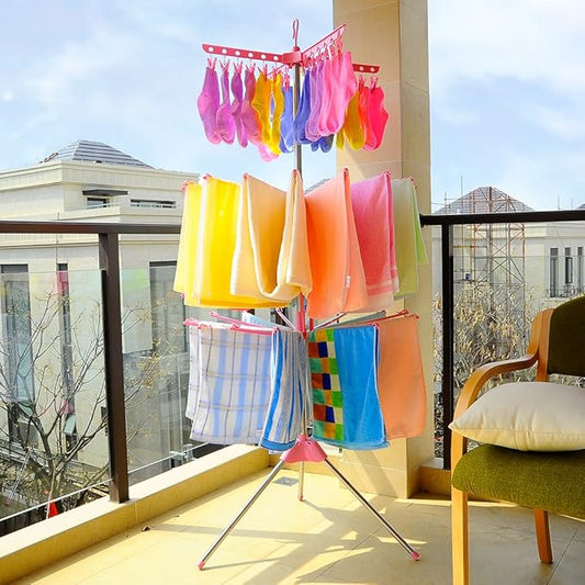 BAOYOUNI Folding Clothes Drying Rack 3-Tier Indoor Outdoor Space Saving Stand Hanger with 24 Clips and 32 Towels Bars for Baby Clothes, Cloth Diapers, Socks, Bras, Towels, Underwear (Pink)