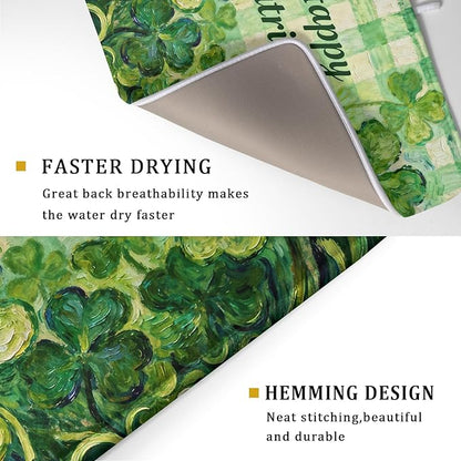 St Patrick's Day Shamrock Dish Drying Mat for Kitchen Counter 18x24 Green Lucky Clover Plaid Happy Holiday Absorbent Reversible Microfiber Drying Mats Kitchen Countertop Protector Dishes Drainer Pad