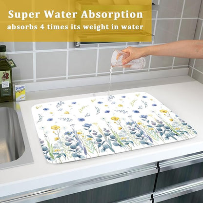 Floral Dish Drying Mat for Kitchen Counter 24x18 Inch Yellow Purple Flower Drying Mat with Absorbent Reversible Microfiber Season Spring Dish Drainer Mats Rack Pad for Coffee Countertop Protector