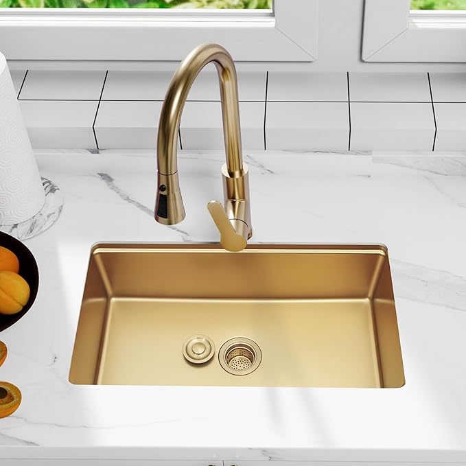 LQS Kitchen Sink Drain Strainer Assembly, Sink Drain 304 Stainless Steel with Removable Deep Waste Basket and Sealing Lid 3-1/2-inch Golden