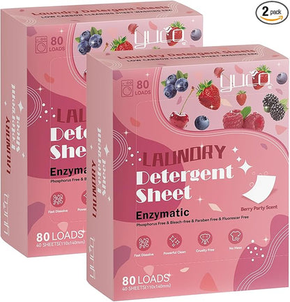 YUCO Laundry Detergent Sheets Berry Scent 160 Loads Eco Friendly Laundry Soap Washer Sheet Liquidless Laundry Detergent Sheet for Travel No Plastic Hypoallergenic Pack of 2