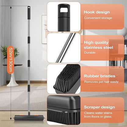 FUNNSOO Rubber Broom with Squeegee for Pet Hair Removal, 52" Adjustable Carpet Rake, Reusable Floor & Carpet Cleaning Tool, Includes Microfiber Cloth and Pet Hair Comb