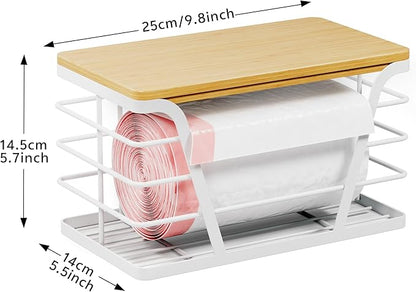 Small Grocery Bag Holder, Trash Bag Dispenser with Removable Bamboo Top, No Drill,White