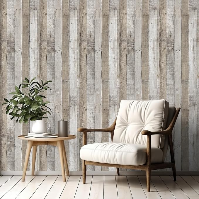 LXCREAT Faux Wood Contact Paper Shiplap Peel and Stick Wallpaper 17.5"X590.5", Natural Grey Wooden Self Adhesive Removable Vintage Wallpaper for Shelf Kitchen Home Walls Decoration