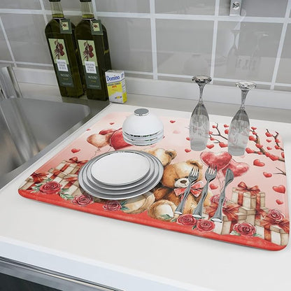 Holiday Microfiber Dish Drying Mat 18 X 24 in Valentines Day Bear Red Decorative Kitchen Countertop Mats