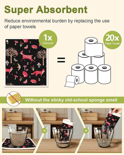 Swedish Dishcloths for Kitchen - 5 Pack Reusable Dish Cloths for Washing Dishes Absorbent Cute Funny Kitchen Towels Cleaning Sponge, Animal Forest