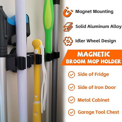 Magnetic Broom Holder Rack,Strong Magnetic Mount Mop Holder 4 Racks for Cleaning Tools,Non-slip Magnetic Tool Holder Broom Hooks for Camper Garage Kitchen