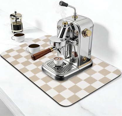 CooRug Checkered Dish Drying Mat for Kitchen Counter, Absorbent Non-Slip Coffee Mat, Heat Resistant Mat for Countertops Coffee Bar Decor 12" x 20" Khaki