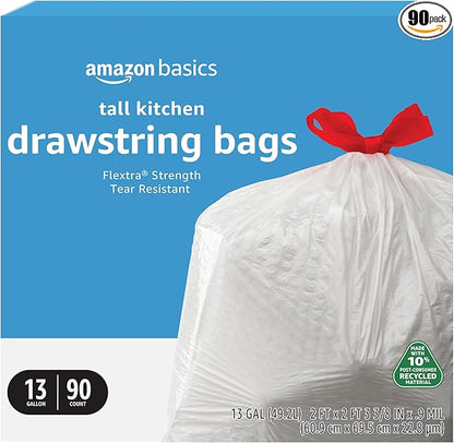 Amazon Basics 13 Gallon Tall Kitchen Drawstring Trash Bags, Flextra Strength, Tear Resistant, 10% Post Consumer Recycled, 90 Count, White