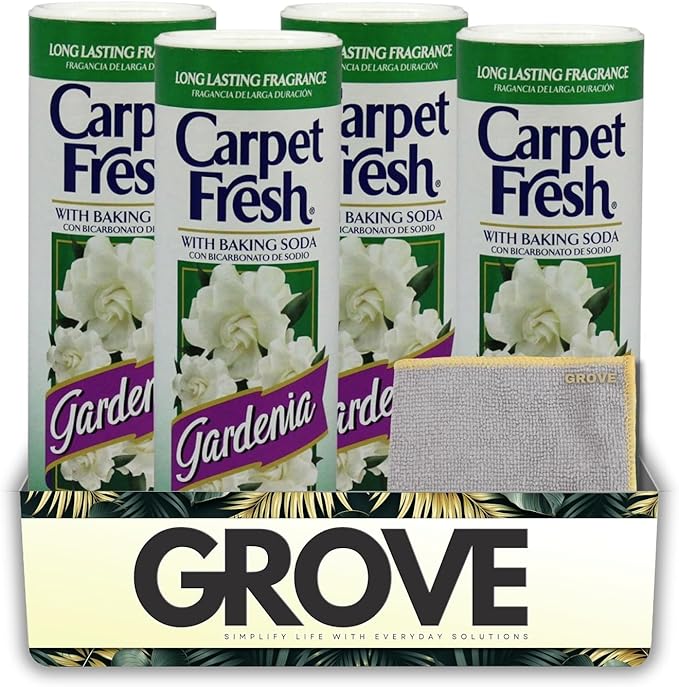 4x Carpet Fresh Gardenia Scent Carpet Odor Eliminator 14 oz Powder Bundle with Microfiber Cleaning Cloth – Eliminates Pet Odors, Provides Long-Lasting Freshness – Gift Set (5 Items)